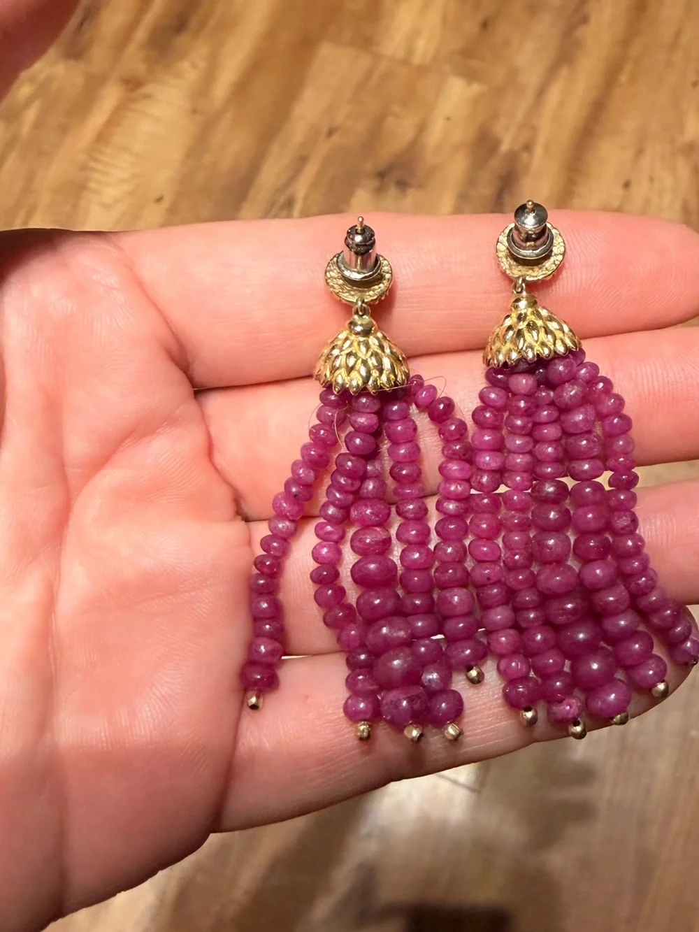 Ruby 22k Gold Earrings from India. Stunning Tassel Earrings - Women Jewelry - Picture 4 of 14